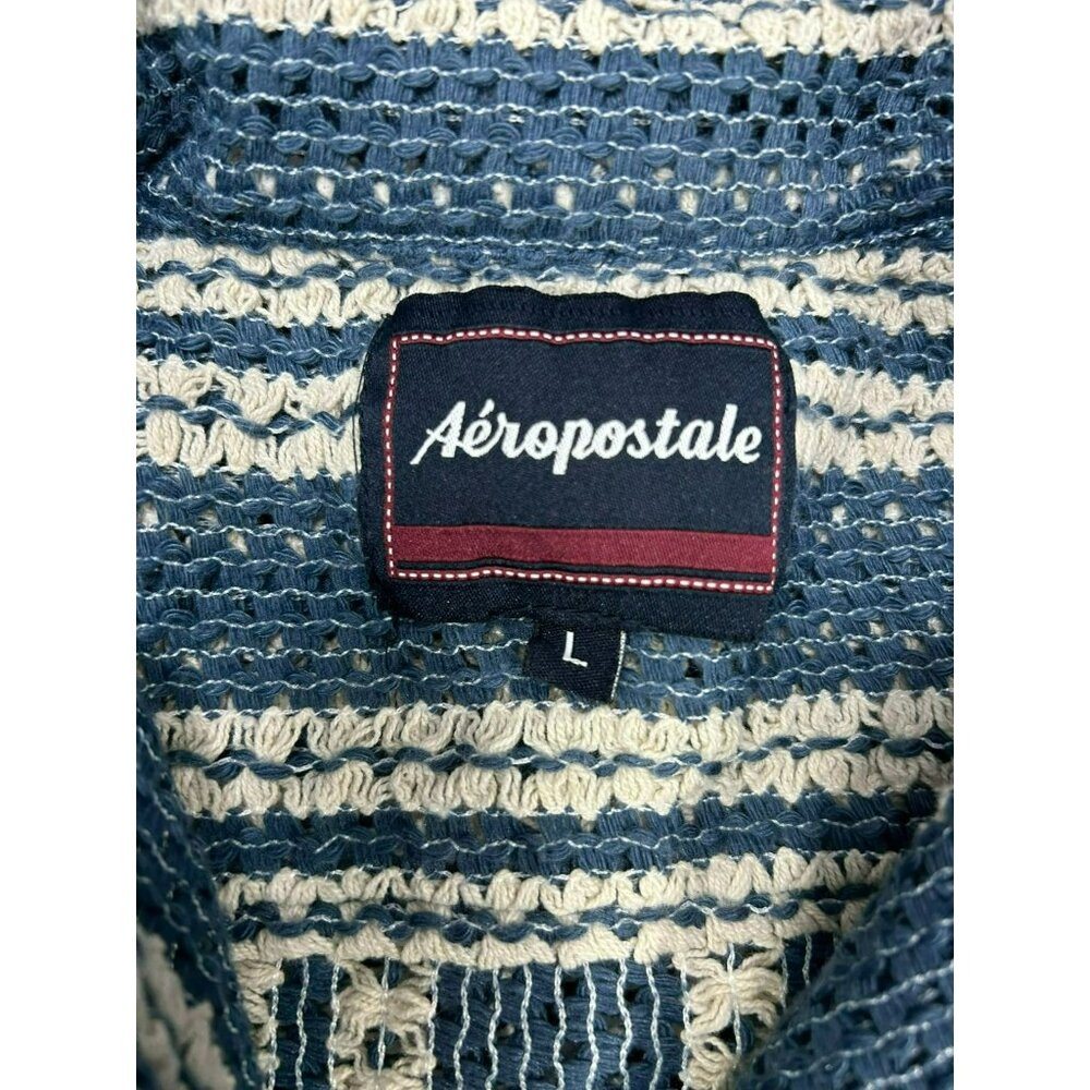 Aeropostale Men's Striped Button-Up Shirt L Blue White Textured Knit Casual Top - Picture 3 of 6
